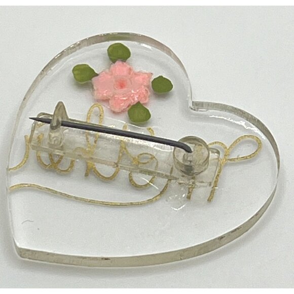 Vintage Heart-Shaped Mother Pin With Pink Flower Clear Lucite 1940s Brooch - Picture 2 of 6